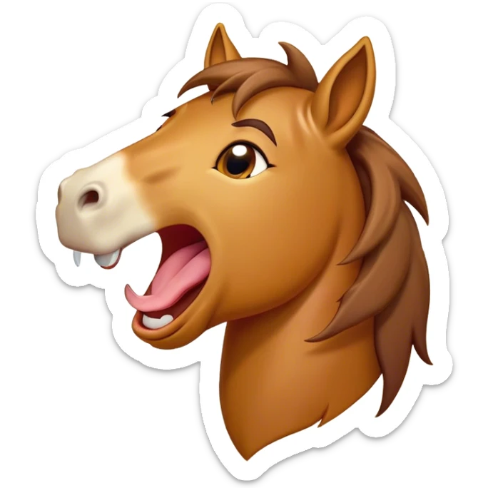 Cinematic Cute Yawning Bay Horse Portrait Emoji, Head tilted slightly with a dramatic, wide-open yawn, revealing a smooth bay fur with a subtle luster, floppy ears slightly drooping, round amber eyes barely open in drowsy contentment, Simplified yet irresistibly adorable features, highly detailed, glowing with a soft, cozy glow, high shine, relaxed yet expressive, stylized with a touch of equine whimsy, bright and endearing, soft glowing outline, capturing the essence of a sleepy yet affectionate horse, so drowsy it feels like it could stretch out of the screen and curl up for a nap! sticker