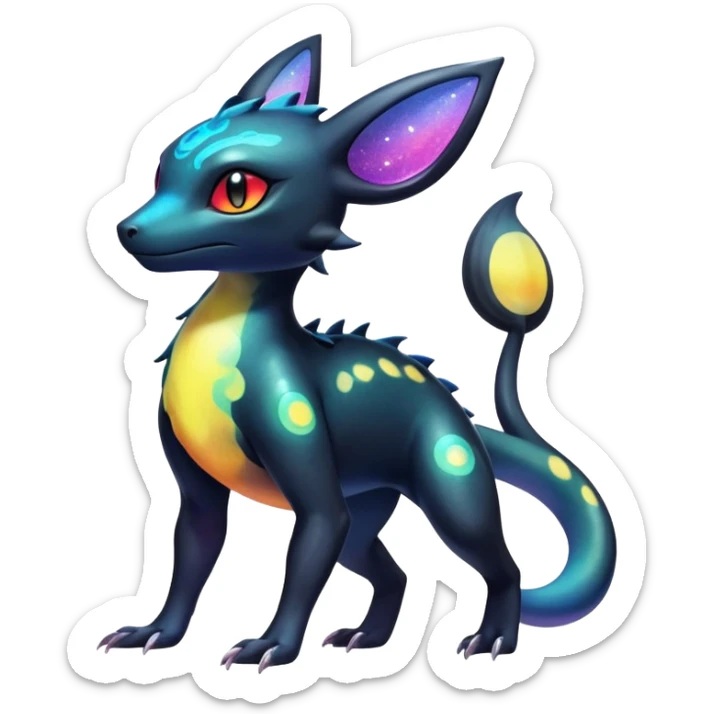 Colorful Iridescent Exotic Salandit-Aurorus-Umbreon-Fakémon-hybrid-creature (full body)  sticker