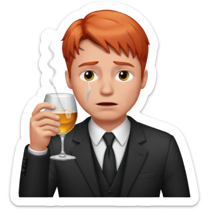 Male lawyer with light red hair that is crying and drinking alcohol  sticker