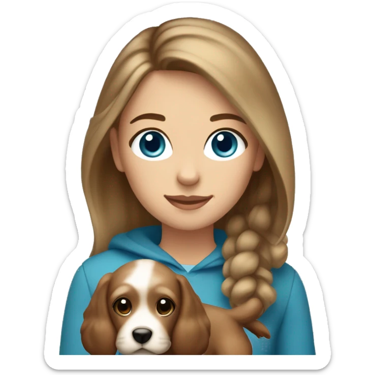 girl with brown hair and blond highlights, straight hair,  blue eyes and holding a light brown cockapoo sticker