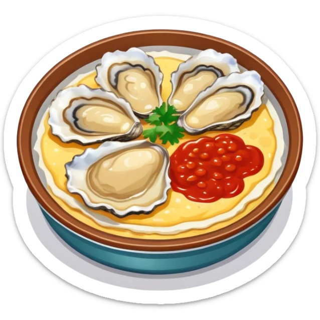 Fujian oyster omelette with red sauce, simplified emoji style with bold outlines and bright colors, cartoon style Xiamen street food sticker