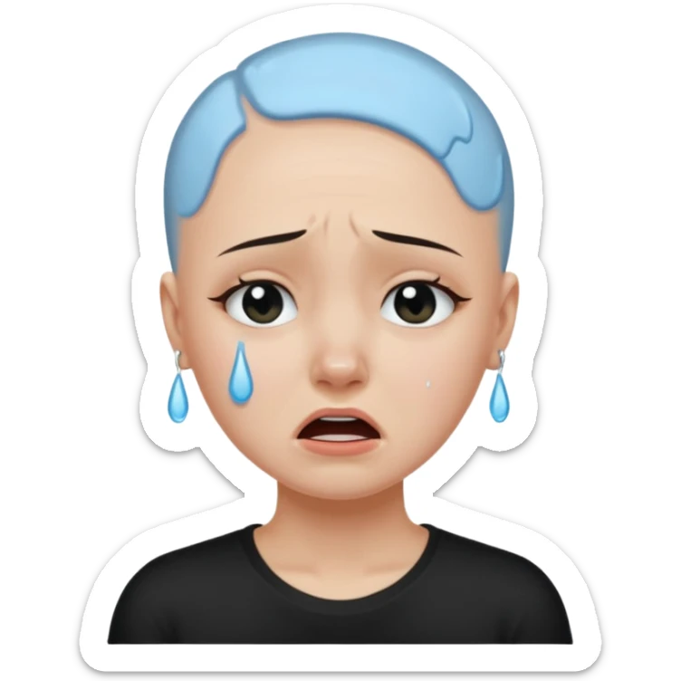 a pretty bratz fair bald girl with no hair crying wearing a tight black tee sticker
