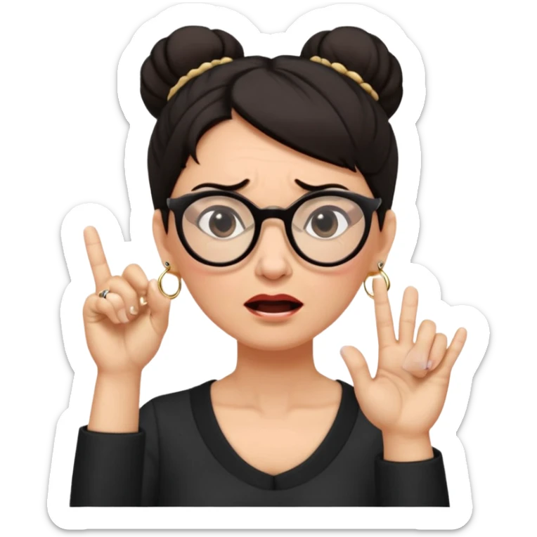 middle aged woman with dark hair pulled up in a high bun, wearing round ring earrings and glasses blocking her ears with her index finger, with a very painful expression on her face  because she cannot stand hearing a terrible singer who is too loud and out of tune.   sticker