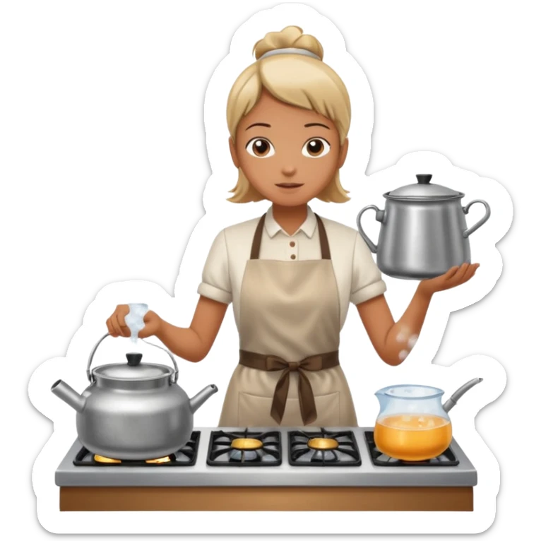 small metal pot filled with boiling water on a stove, visible hot steam and rising bubbles, realistic heat effect, shiny pot surface, bright lighting, clean white background sticker