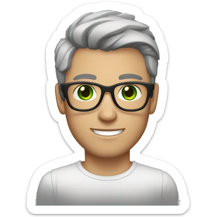 white man, green eyes, dark brown hair with a slight gray streak, narrow glasses, tattoo on his hand sticker