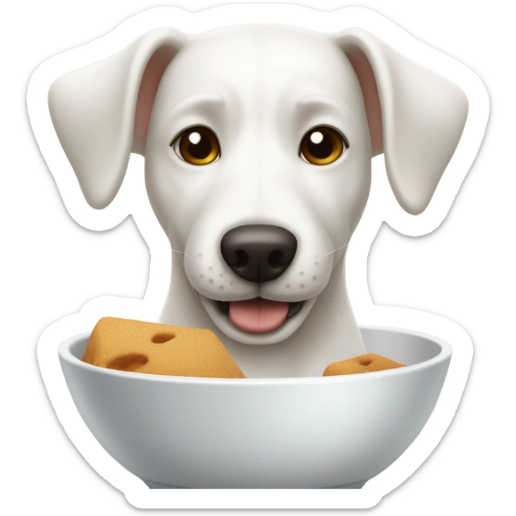 White dog with one brown ear eating food in dog bowl  sticker