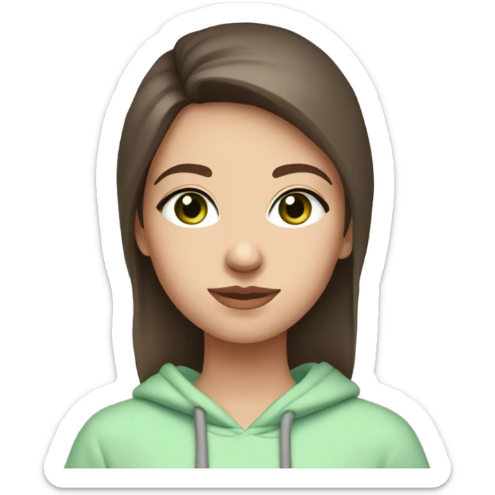 caucasian girl with dark brown hair and light blue eyes wearing a light pink hoodie and drinking green tea sticker