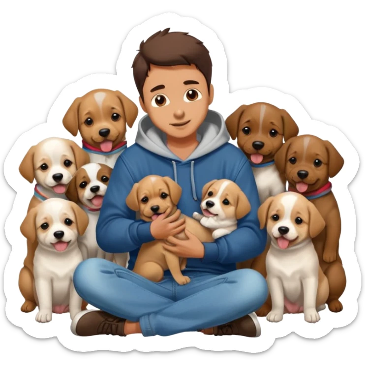 Cute dog lover boyfriend with soft smile, surrounded by puppies, wearing hoodie and jeans, one dog licking his face sticker