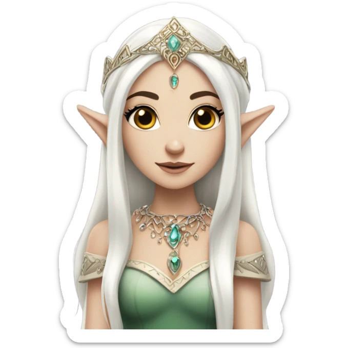 elf princess with pointy ears, white skin, dark hair with jewellery,  sticker