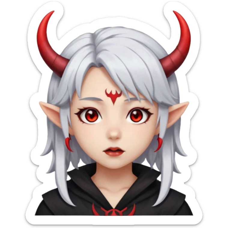 Dark style anime girl with white hair and red eyes, with horns on her head . There is an emotion of inhalation on the face sticker