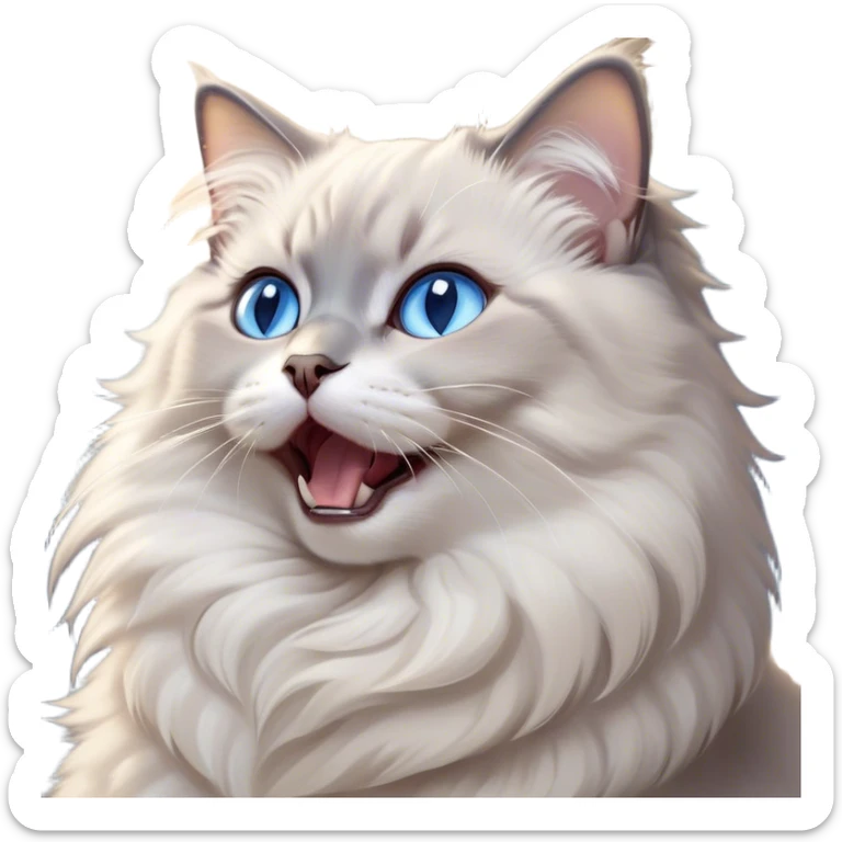 Cinematic Adorable Fluffy Light Grey Mantle Ragdoll Cat Portrait Emoji, Head tilted cutely with big, sparkling blue eyes, soft light grey fur with darker points on the ears, face, and paws, Simplified yet irresistibly adorable features, highly detailed, glowing with a soft, warm glow, high shine, yawning in a peaceful and playful manner, stylized with a touch of whimsy, bright and endearing, soft glowing outline, capturing the essence of a relaxed and loving kitten, so cute it feels like it could leap out of the screen and stretch into a cozy nap! sticker