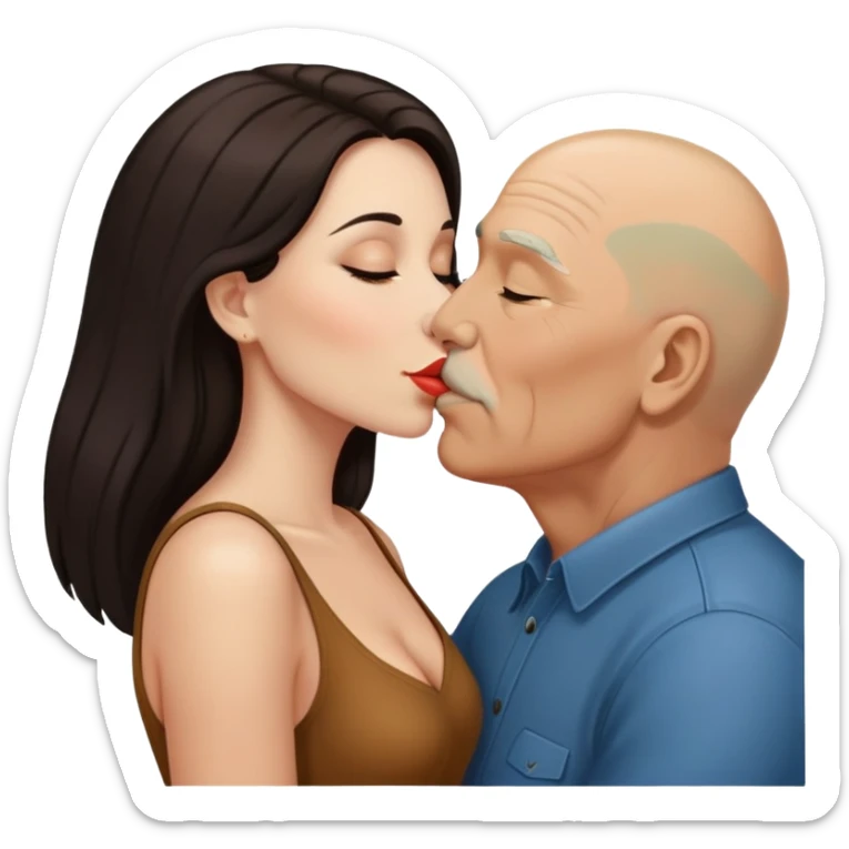 Beautiful woman with long dark hair, kissing a older Hispanic  bald man sticker