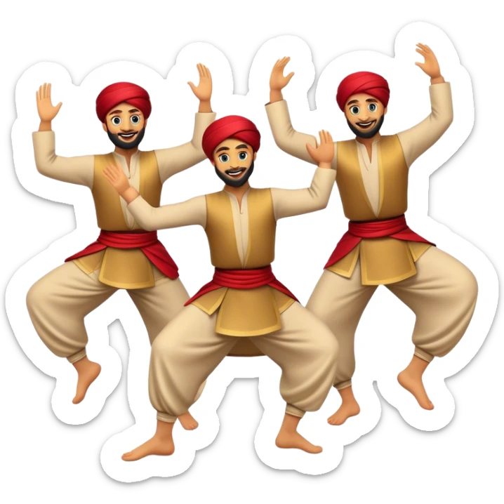 Cinematic Realistic Dabke Dance Emoji, depicted as an energetic traditional Lebanese folk dance with vibrant costumes and rhythmic movements, rendered with dynamic textures and festive natural lighting that captures its communal joy. sticker