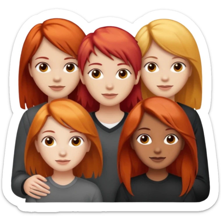 Can you create an image of 3 friends together one with red bright hair light skin one the other with brown hair with some blonde highlights in the hair fair skin the last one with light brown a tint of orange hair and black long hair with brown  sticker