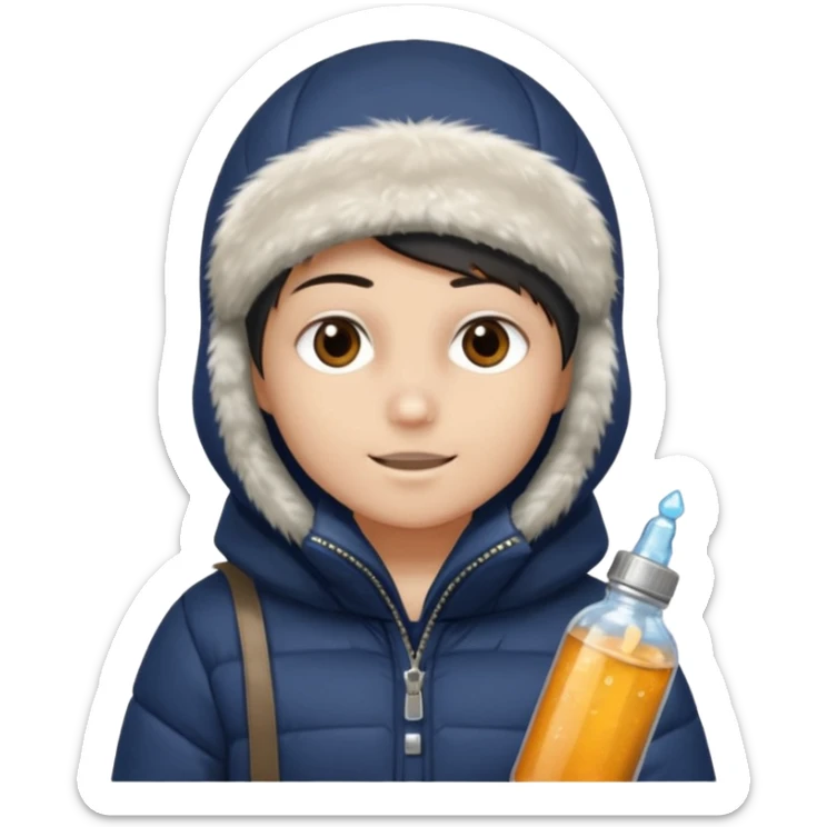 Junge mit Sturmhaube braune augen auf der rechten seite kleinen nasenpircing (glitzerstein) in der Rechten hand eine Jacky flasche und einer winterjacke mit fell an der mütze sticker