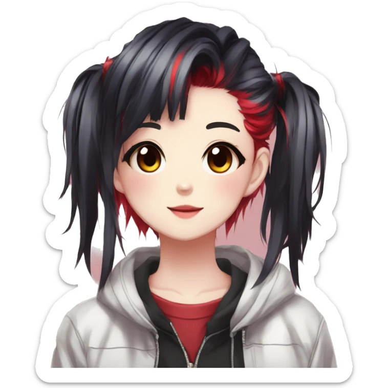 Gorgeous anime style shojo character with blushing face aesthetic and pretty edgy black red punk hair with hair garment trending style sticker