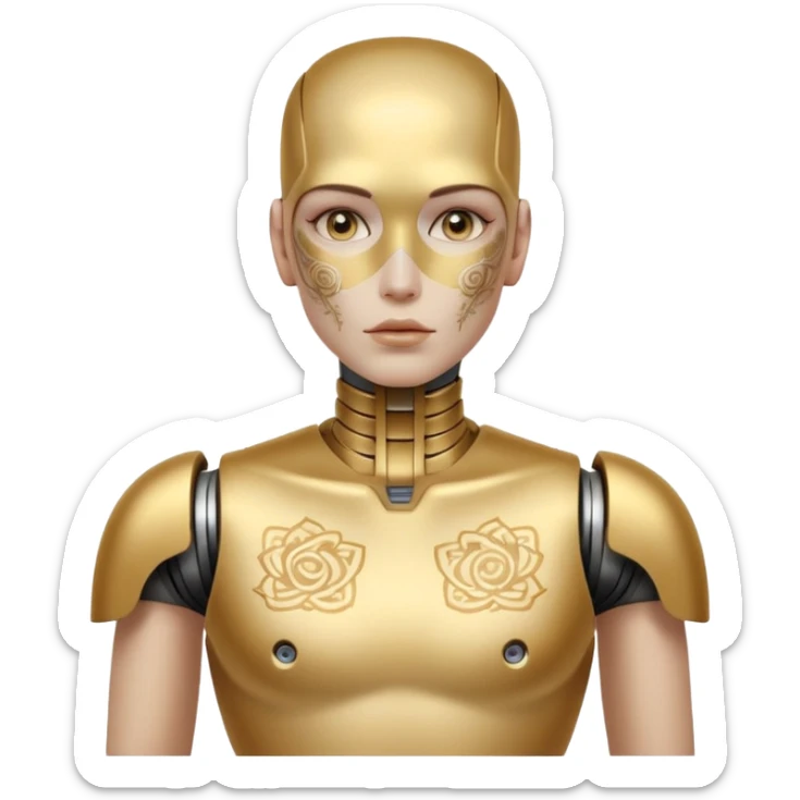 gold Tatooed robot, big many tatooes on chest, neck and face, white tatoo on face sticker