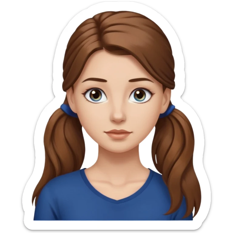 pretty white girl brown long hair makeup ponytail  on left shoulder, dark blue shirt sticker