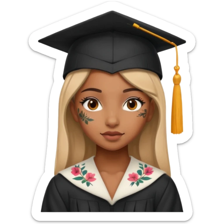 fully nude and sexy brown skin girl, floral tattoes, in student cap, graduating sticker