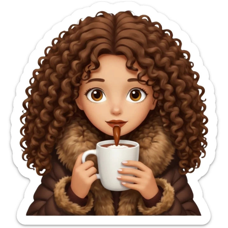 tanned girl with long brown curly hair, drinking hot chocolate , wearing oversized fur jacket sticker