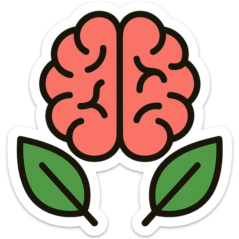 icon representing mental health, brain with leaves, wellness, natural colors, clean style sticker