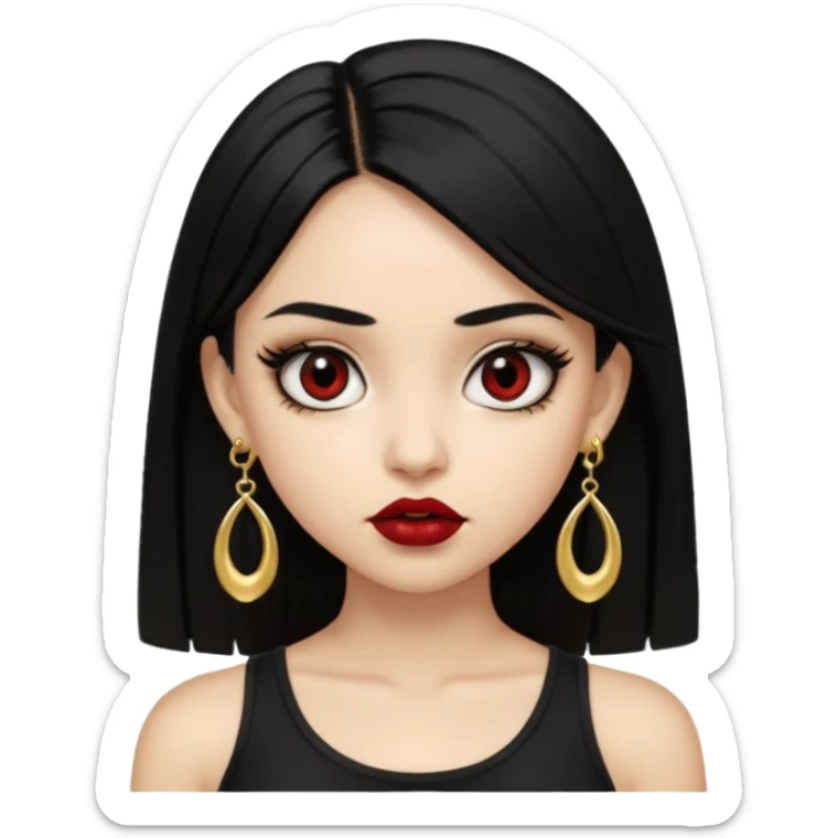 A light skinned girl with black hair, black eye, straight hair, big eyes, dark red lipstick, wearing black crop top and gold earrings, nosepiece  sticker