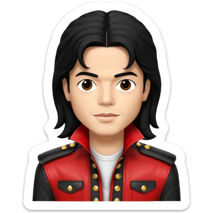 Michael Jackson light skin, long black hair, brown eyes, red and black outfit sticker