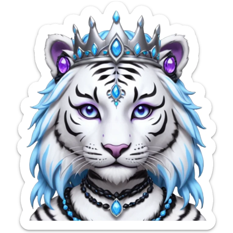 ESO Female white/black tiger khajiit leader of the umbral rose, glowing blue eyes, glowing blue 'third eye' gem, black beaded dreadlocks; silver crown/tiara with purple gems sticker