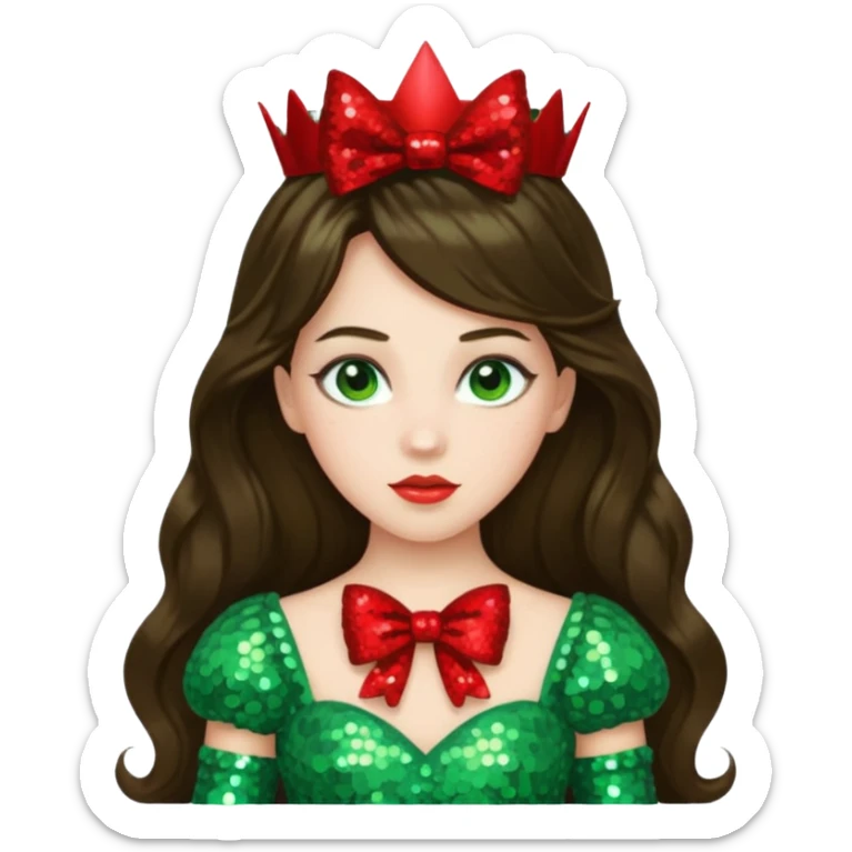 Princess Ozma from Oz with long brunette hair, light green sequin outfit, red bow sticker