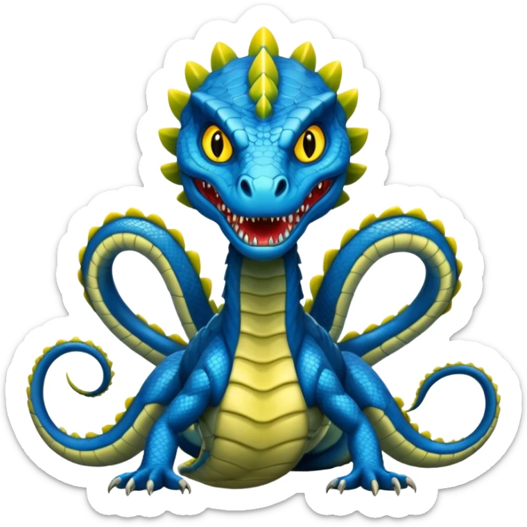 blue hydra, strong reptilian body, not like a snake,  with 3 serpent-like heads rising from its neck sticker