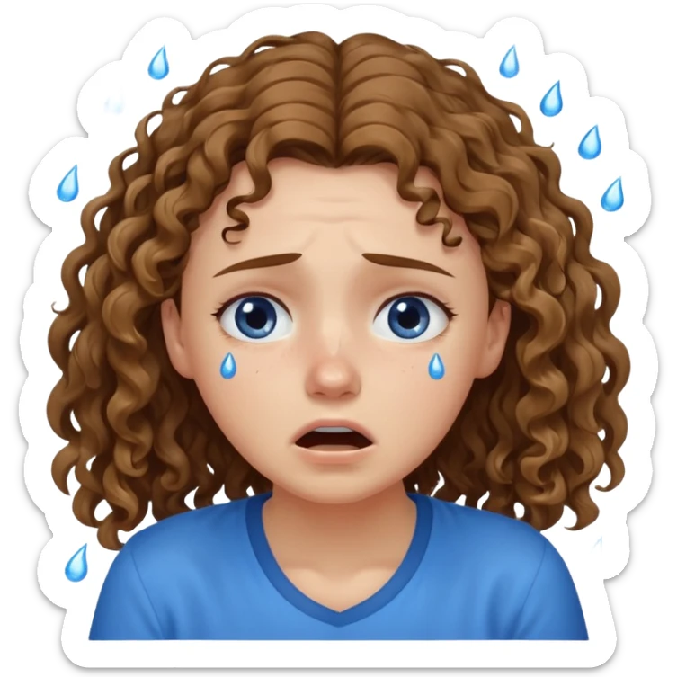 white young curly long hair girl, brown hair, with a blue shirt, in despair crying sticker