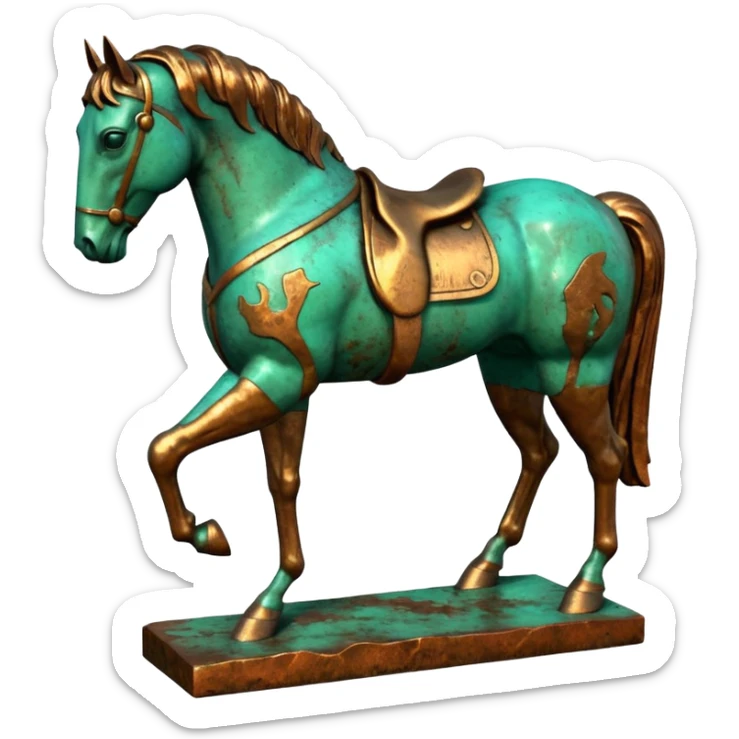 3D render of Bronze Horse Leg, heavily oxidized copper texture, verdigris patina,Fragment of a statue with patina, weathered bronze aesthetic, ancient decay, emoji style, isolated on white background --v 6.0. sticker