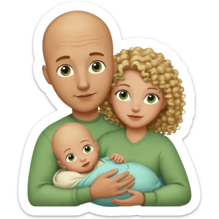 Un hombre calvo de ojos marrones con su mujer rubia de pelo rizado y ojos verdes sosteniendo un bebé niño de pelo rizado moreno y de ojos marrón verdoso sticker
