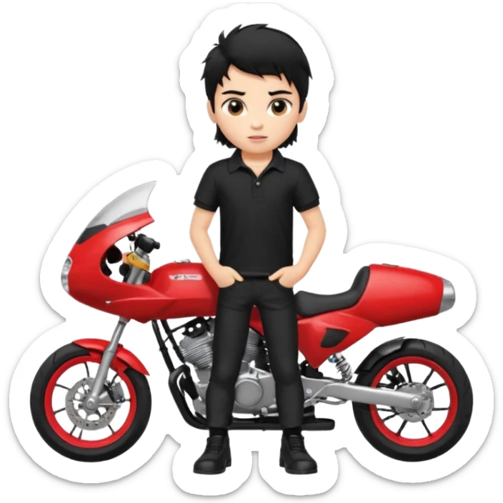 generate a pretty fair bratz boy with a messy mullet (black hair), wearing a BLACK polo.  standing witha superbike sticker