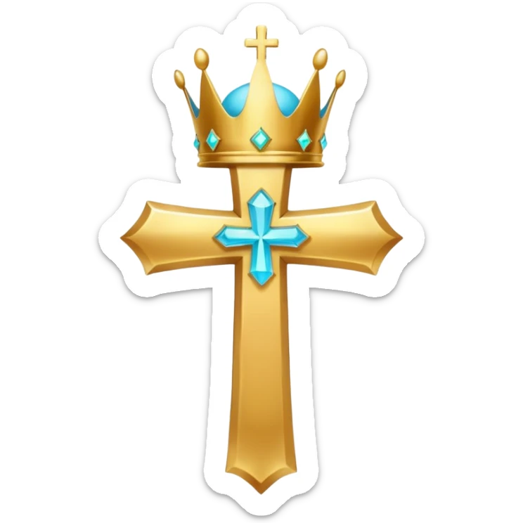 a golden, glowing cross with a cyan crown on top of it, with no background sticker