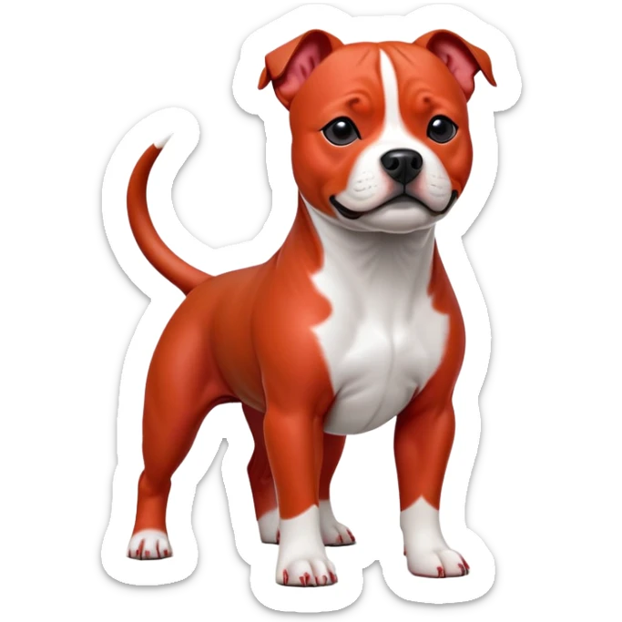 cinematic-[Staffordshire bull terrier]-realistic-full-body-standing-emoji,-tail-resting-loosely-beside-its-paws,-head-tilted-dramatically, -sleek-[red and white]-fur,-simplified-yet-realistic-focused-features,-highly-detailed,-glowing-with-an-almost-sarcastic-glow sticker