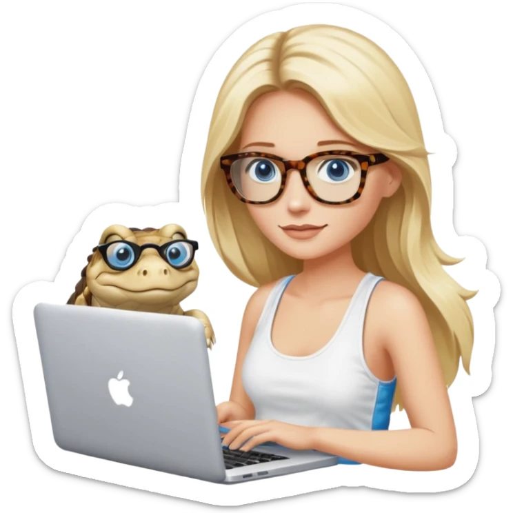 long blonde hair woman blue eyes with tortoise shell print glasses wearing white tank top on mac book with a white crocodile patterns laptop case  sticker