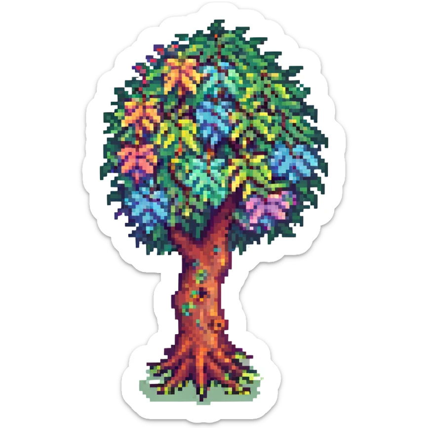 Terraria-style tree with a rainbow trunk and pastel rainbow leaves, pixel art, playful and bright, no text sticker