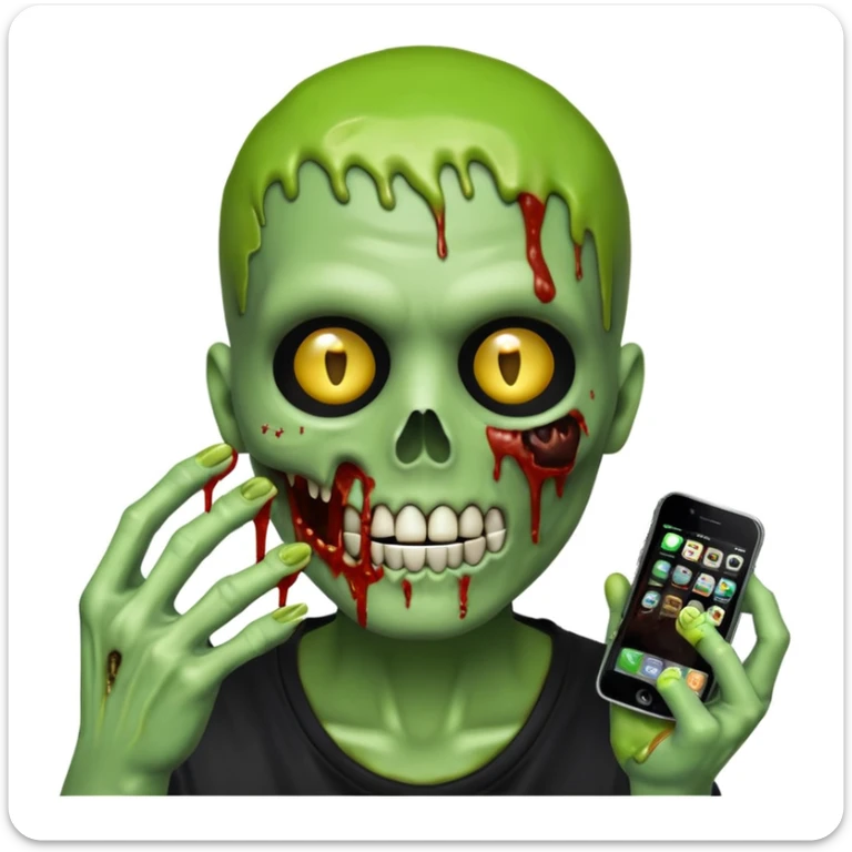 La grande faucheuse effrayante, style emoji iPhone, visage mi-squelette mi-zombie, expression sombre, slime vert autour du visage, billets de 100$ intégrés dans la composition, tient une grande faux, fond blanc, sans animal ni humain dans la main, parfait pour une photo de profil, très effrayant sticker