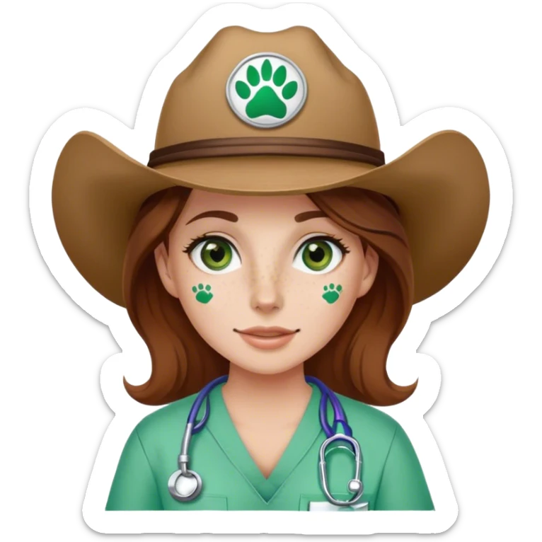 Pale Woman with brown hair and green eyes and freckles on her cheek bones wearing scrubs that have a paw print logo on only the scrubs  and a cow girl hat sticker