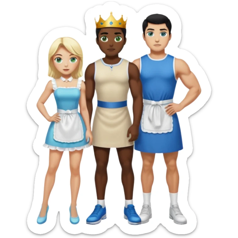 King, black hair, body, legst, blue eyes, shoes, maid blonde hair, green eyes, sexy short sleveless White dress, shoes sticker