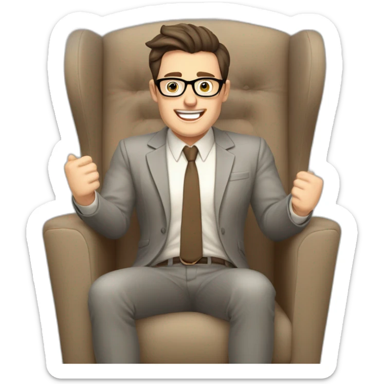 Joyful Celebrating victory Hands up Pale skinned Fit Man With dark brown hair in gray jacket, beige office shirt, Brown pants and vintage glasses sitting In a soft chair sticker