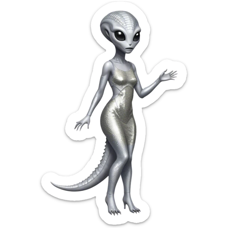 alien reptilian woman in silver dress, full body black eyes sticker