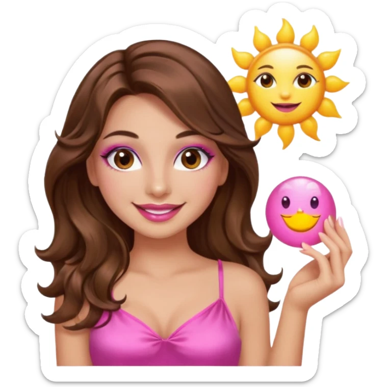 girl with long wavy brown hair, brown eyes, long lashes makeup, sexy pink lips, smiling, light to medium complexion, wearing a pink sexy silk top, holding the sun icon  sticker
