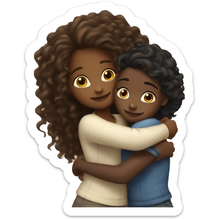 black girl with long curly hair hugging white girl with long brown hair sticker