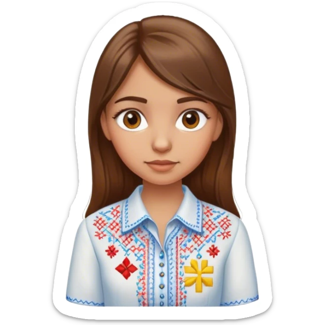 a Ukrainian girl with brown hair in an embroidered shirt and a mathematician sticker