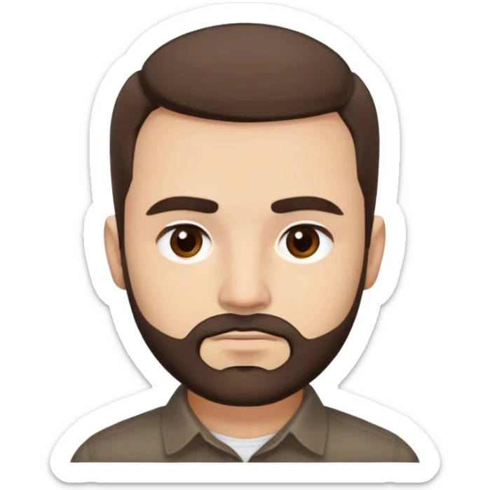 Close-up of René Monclova with light skin tone, round face, broad cheekbones. Lively dark brown eyes, thick straight eyebrows. Short messy brown hair with slight receding hairline. Untidy brown beard covering jaw. Wearing a dark collared shirt. sticker