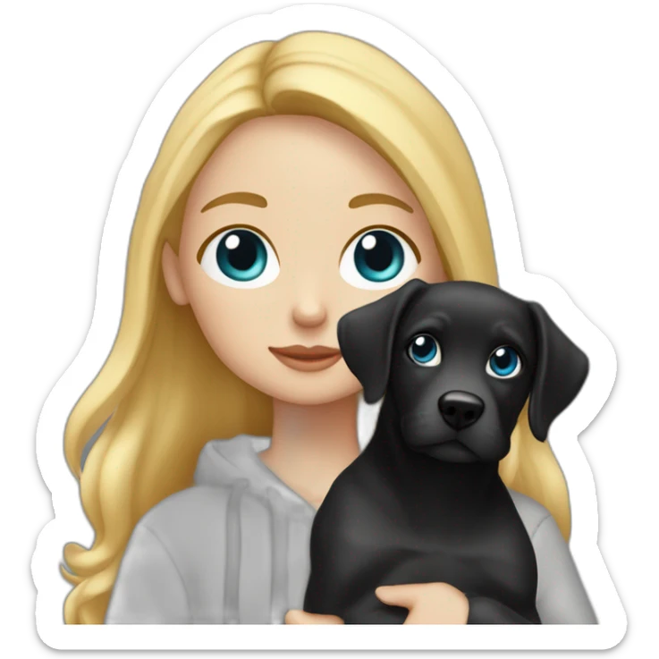 A blonde girl  with blues eyes, with smooth hair and a ray,she has light skin a few freckles, and she wear a hoodies and she Carries in his arms a black baby labrador dog  sticker