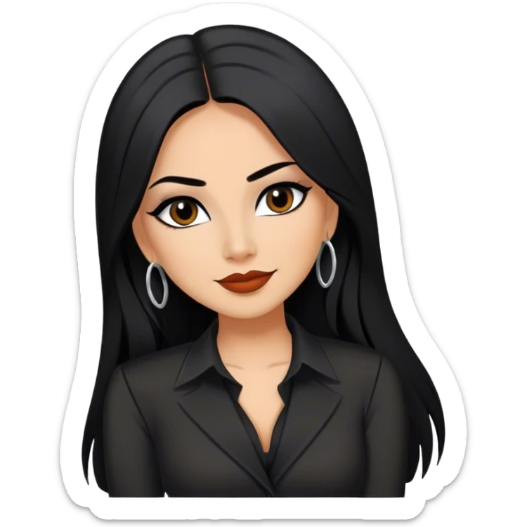 beautiful woman boss, with long straight black hair, with make up, black eye liner, smile, mexican, brown skin, wearing beautiful sexy black outfit, she’s shy sticker