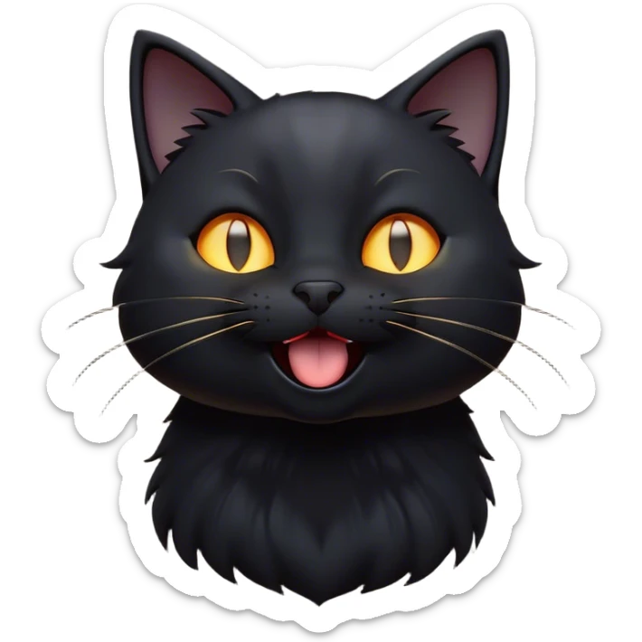 Cinematic Cute Black Cat Portrait Emoji, Head tilted playfully and yawning, sleek black fur with subtle hints of dark gray, Simplified yet adorable features, highly detailed, glowing with a warm, friendly glow, high shine, curious and affectionate, stylized with a touch of whimsy, bright and alert, soft glowing outline, capturing the essence of a mischievous yet loving kitten, so endearing it feels like it could leap out of the screen and stretch! sticker